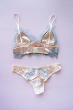 Size S Blush Silk and Gray Lace Bra and Panty Set