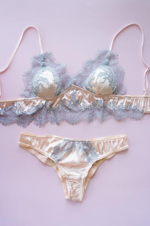 Size S Blush Silk and Gray Lace Bra and Panty Set