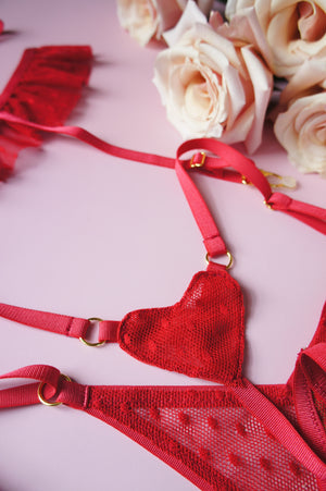 Red Dotted Mesh Heart Thong